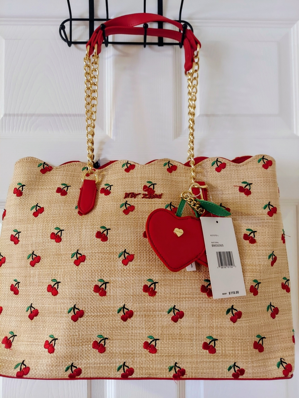 NWT Betsey John Xotote Lg Straw And  Red Cherry Print W Gold Chain Handles